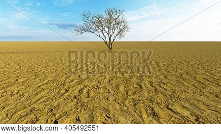 Concept or conceptual desert landscape with a parched tree as a metaphor for global warming and climate change. A warning for the need to protect our environment and future 3d illustration