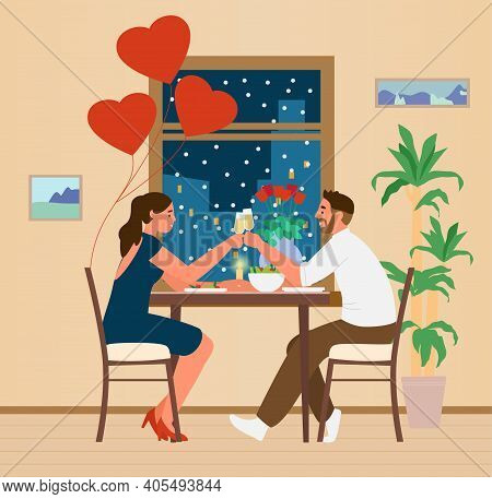 Happy Couple Celebrating Saint Valentine's Day At Home Having Romantic Dinner Near Night Window Vect