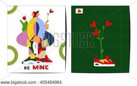 Creative Saint Valentine's Day Greeting Cards Set. Flat Vector Design. Couple In Love Holding Hands.