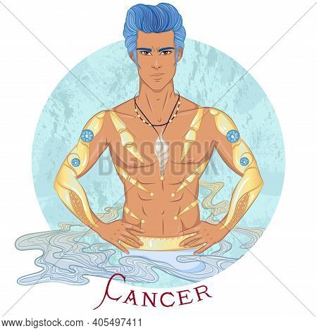 Zodiac. Vector Illustration Of The Astrological Sign Of Cancer As A Beautiful Man With Swarthy Skin 
