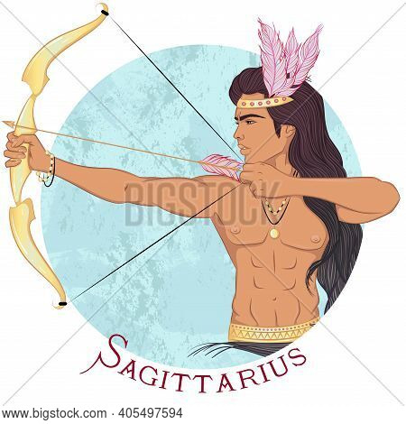 Zodiac. Vector Illustration Of The Astrological Sign Of Sagittarius As A Beautiful Man With Swarthy 