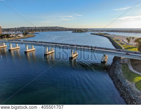 Aerial View Of Mission Bay In San Diego, With Ingraham Street Bridge During Summer Sunny Day. West M