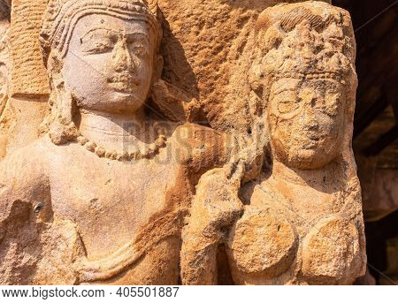 Aihole, Karnataka, India - November 7, 2013: Durga Gudi Or Temple. Chest And Face Closeup Of Damaged