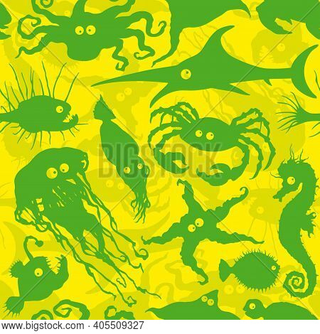Seamless Background With Cartoon Funny Sea Creatures