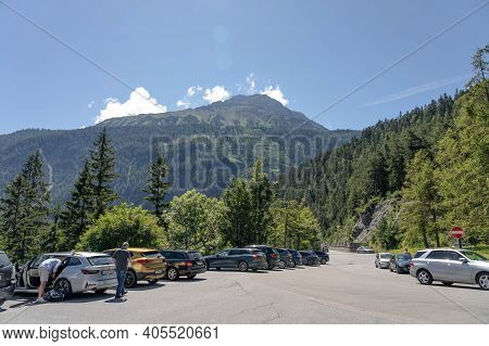Fernpass, Austria - Aug 6, 2020: Parking Lot At Zugspitze Blick Near Fernpass