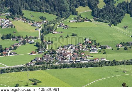 Fernpass, Austria - Aug 6, 2020: Valley View Of Zillertal Villages In Tyrol Austria
