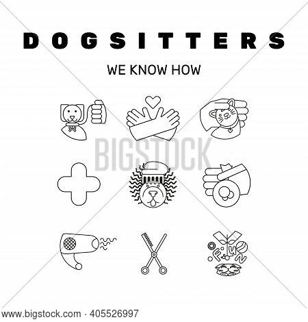 Linear Icons Of Dogsitters And Pet Salons With Items.
