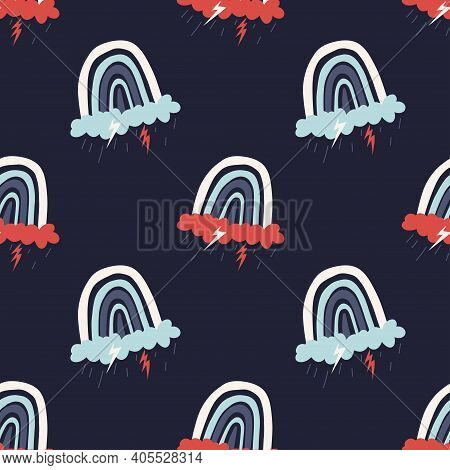 Seamless Pattern With A Rainbow Over A Rainy Cloud On A Dark Blue Background. Cute Repeating Pattern