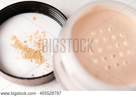 Beige Setting Face Powder Texture Macro Close-up. Mica Natural Mineral Cosmetic Swatch In Selective 