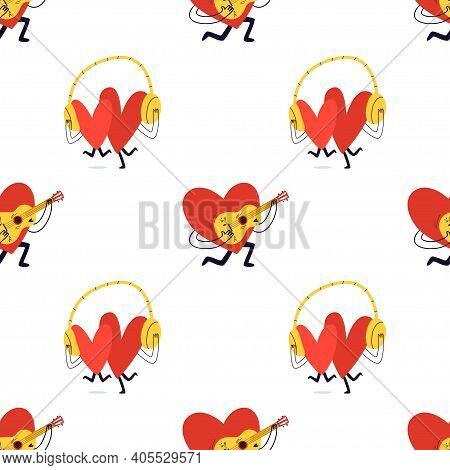 Seamless Background With Loving Hearts. Cute Red Hearts Are Listening To Music In Big Headphones And