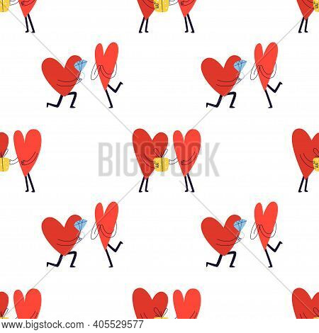 Seamless Pattern With Cute Hearts. Lovers Give Their Chosen One A Gift And A Diamond. Vector Stock I