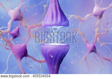 Synaptic Transmission. 3d Render Of A Synapse. Medical Concept Of The Nervous System.