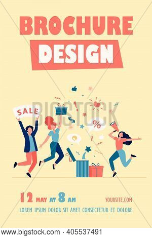 Customers Celebrating Sale. People Holding Gift, Credit Card, Loudspeaker, Dancing, Having Fun. Vect