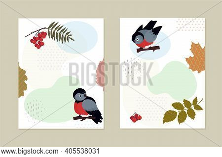 Set Of Cards, Invitations. Birds Bluebirds, Mountain Ash. A Bunch Of Red Berries. Stylized Leaves Of