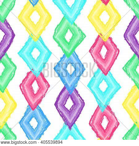 Rhombus Paint Brush Seamless Pattern. Abstract Baby Background With Rhombus Brush Strokes. Curtain P