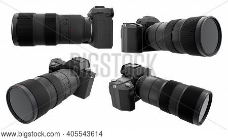 Concept Of Nonexistent Dslr Camera With Lens Isolated On A White Background.