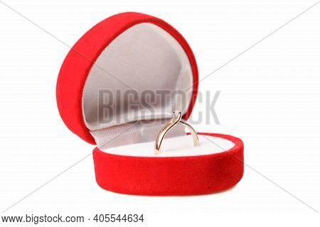 Engagement Ring From The Combined Gold With Diamond In Red Velvet Gift Box Isolated On White Backgro
