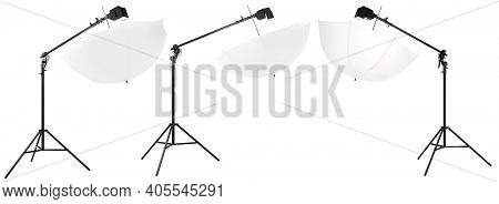 Photography Studio Speedlight On Boom With Stand And Umbrella Isolated On White