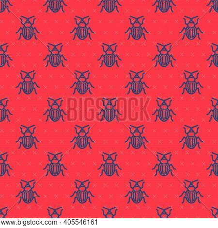 Blue Line Chafer Beetle Icon Isolated Seamless Pattern On Red Background. Vector