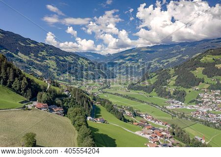 Aerial Drone Shot Of Zillertal Valley With Clouds In Tyrol Austria Summer