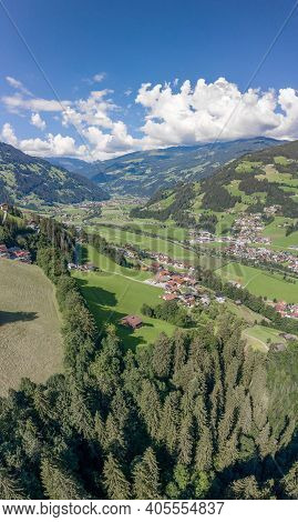 Aerial Drone Shot Of Zillertal Valley With Clouds In Tyrol Austria Summer