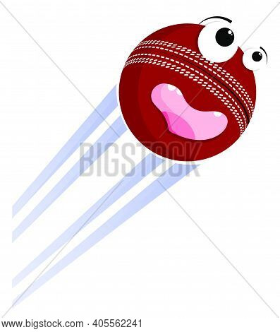 Loud Funny Crazy Cricket Ball Flies With Great Speed After Great Hit. Sport Equipment. Vector