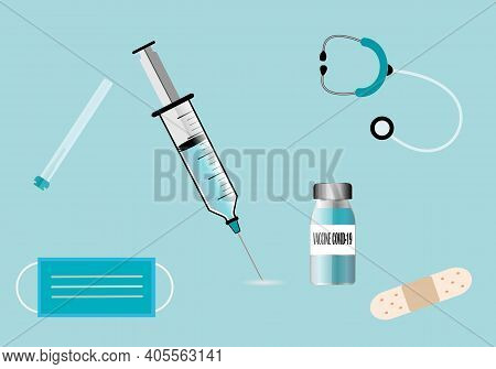 Icon Plastic Medical Syringe With Needle And Vial In Flat Style, Concept Of Vaccination, Injection. 