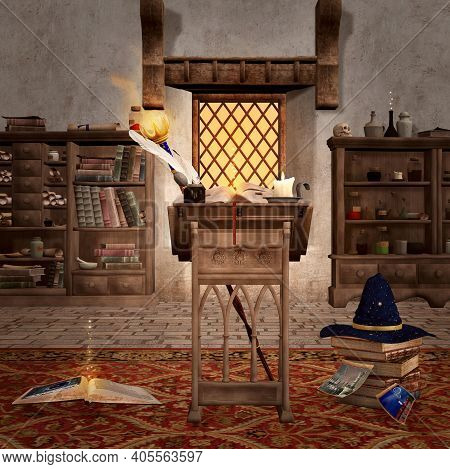 Mysterious Wizard Room With Antique Book And Ritual Potions - 3d Illustration