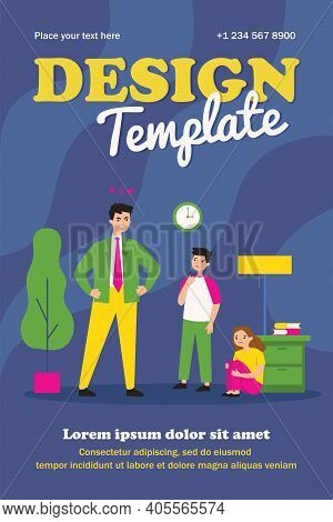 Angry Father Scolding His Children. Quarrel, Sadness. Flat Vector Illustration. Parenthood And Upbri
