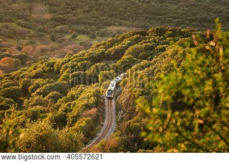 A Train Passes Through A Cutting Between The Maquis In The Evening Sun At Belgodere In The Balagne R