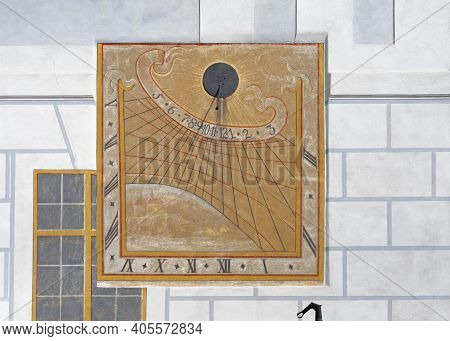 Sundial Or Sun Clock On A Wall In Cesky Krumlov Castle