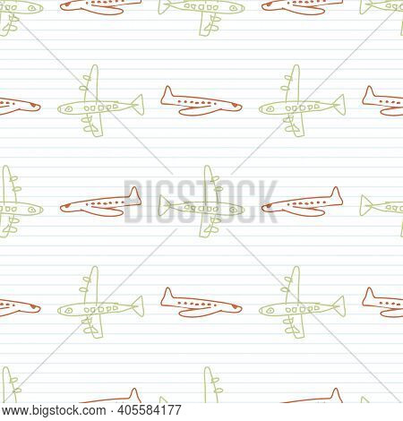 Cute Crayon Scribble Plane Kid Doodle Background. Hand Drawn Earthy Whimsical Motif Seamless Pattern