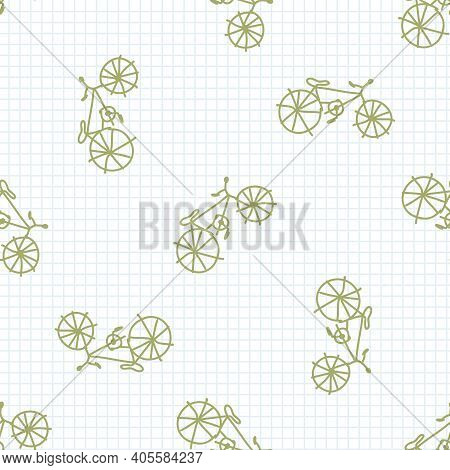 Cute Crayon Bicycle Scribble Kid Doodle Background. Hand Drawn Earthy Whimsical Motif Seamless Patte