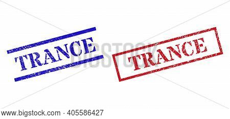 Grunge Trance Rubber Stamps In Red And Blue Colors. Stamps Have Rubber Surface. Vector Rubber Imitat