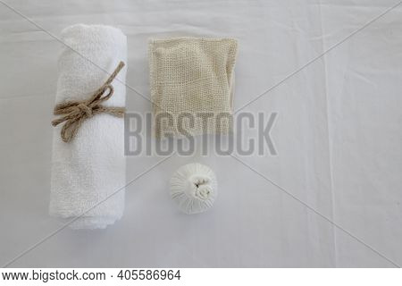 Beautiful Spa Composition On Massage Table , Spa Relax Concept, Copy Space, Beautiful Spa Set On Woo