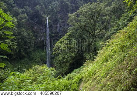 Watu Ondo Waterfall Is A Tourist Destination In East Java. High Waterfall Between Cliffs And Wildern