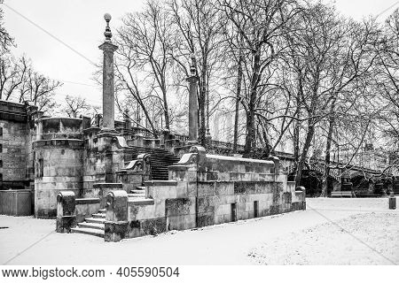 Historical Staircase Of Legion Bridge On Strelecky Island In Prague, Czech Republic. Winter Photogra