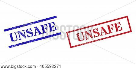 Grunge Unsafe Rubber Stamps In Red And Blue Colors. Stamps Have Rubber Surface. Vector Rubber Imitat