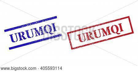Grunge Urumqi Rubber Stamps In Red And Blue Colors. Seals Have Rubber Style. Vector Rubber Imitation