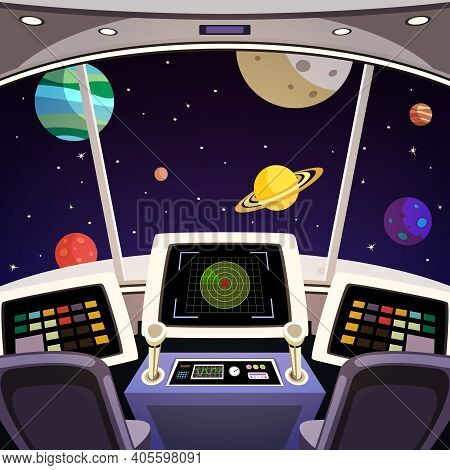 Flying Spaceship Cabin Futuristic Interior Cartoon With Space Backdrop Vector Illustration
