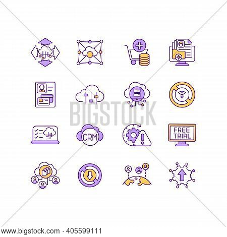 Iot Services Rgb Color Icons Set. Multitenant Cloud Environment. Accessing And Using Information. Su