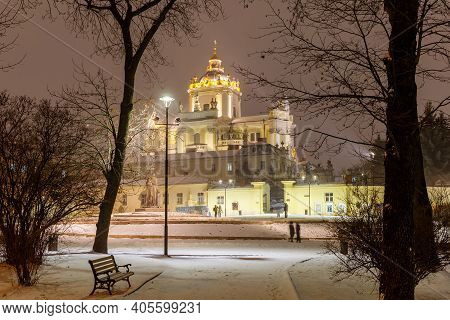 Lviv, Ukraine - January 13, 2021: St. George's Cathedral Night And Winter