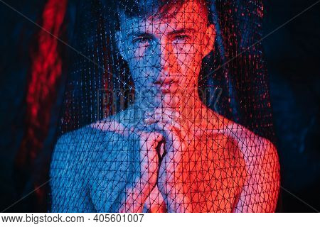 Human Trafficking. Forced Labour. Freedom Protection. Despair Shirtless Man Hostage Praying To God F