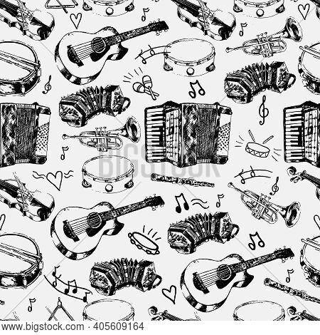 Decorative Musical Store Wrapping Paper Seamless Pattern With Classical Strings Percussion Jazz Inst