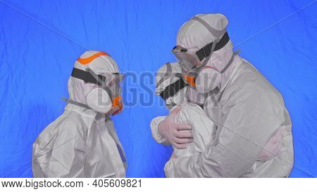 Family Shield Protect, To Save Life From Virus. People Portrait, Wearing Protect Medical Aerosol Spr