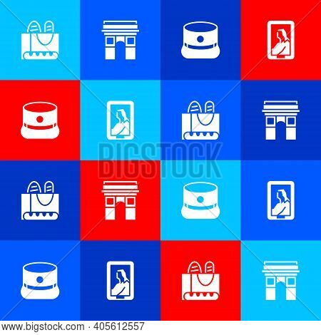 Set French Baguette Bread, Triumphal Arch, Kepi And Portrait In Museum Icon. Vector