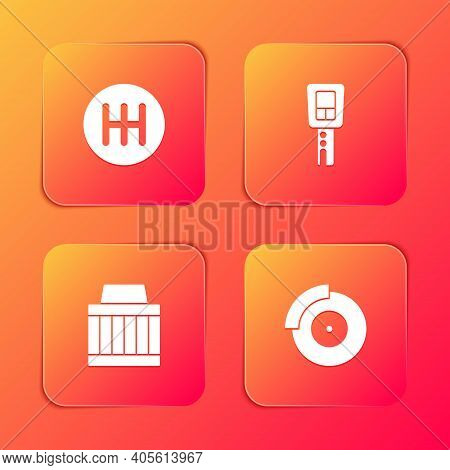 Set Gear Shifter, Car Key With Remote, Air Filter And Brake Disk Caliper Icon. Vector