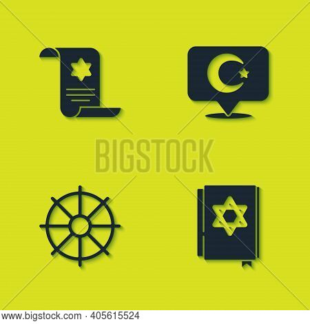Set Torah Scroll, Jewish Torah Book, Dharma Wheel And Star And Crescent Icon. Vector
