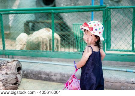 Preschool One Cute Little Child Girl Are Strolling And Pushing The Toy Cart In The Zoo. She Wore A B