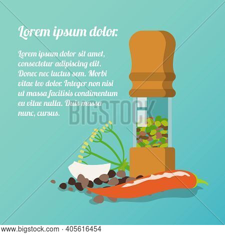 Pepper Mill Poster With Dill Garlic Chili Pepper Spices Flat Set Vector Illustration